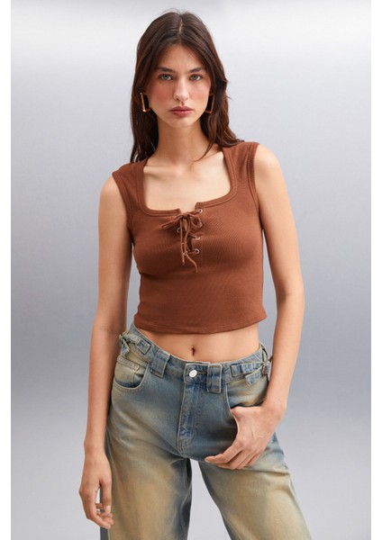 Paolina Kadın Crop Kahverengi Bluz modelleri
