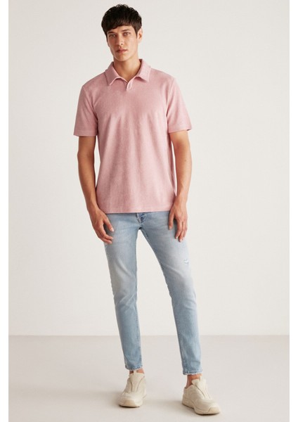 Todd Erkek Polo Yaka Havlu Kumaşlı Kalın Dokulu Pembe Polo Yaka T-Shirt