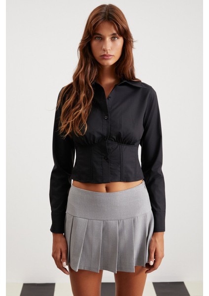 Amethyst Kadın %100 Pamuk Slim Fit Poplin Crop Siyah Gömlek