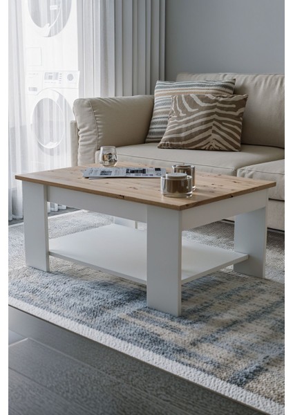 Atlantik Çam - Beyaz Sole Orta Sehpa 60X90X45 Alt Büyük Raflı