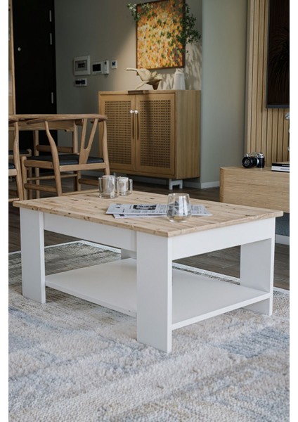 Atlantik Çam - Beyaz Sole Orta Sehpa 60X90X45 Alt Büyük Raflı fırsatları