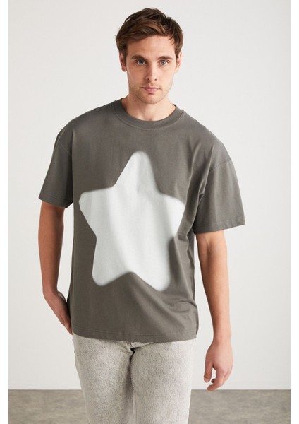 ADAN Erkek %100 Pamuk Yıldız Baskılı Bisiklet Yaka Kısa Kollu Oversize Gri T-Shirt