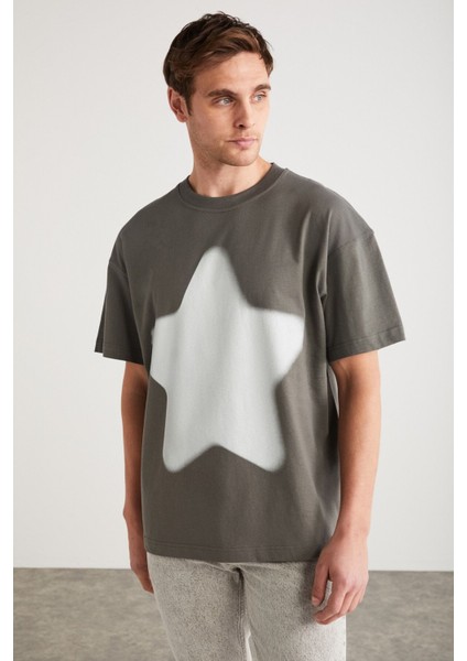 ADAN Erkek %100 Pamuk Yıldız Baskılı Bisiklet Yaka Kısa Kollu Oversize Gri T-Shirt modelleri