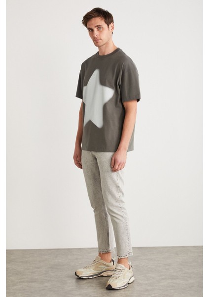 ADAN Erkek %100 Pamuk Yıldız Baskılı Bisiklet Yaka Kısa Kollu Oversize Gri T-Shirt indirimleri