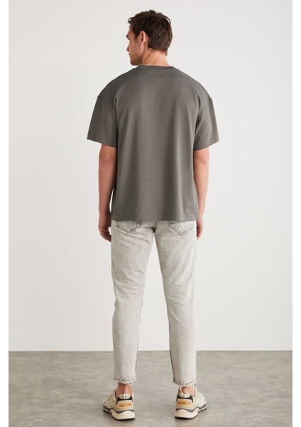 ADAN Erkek %100 Pamuk Yıldız Baskılı Bisiklet Yaka Kısa Kollu Oversize Gri T-Shirt