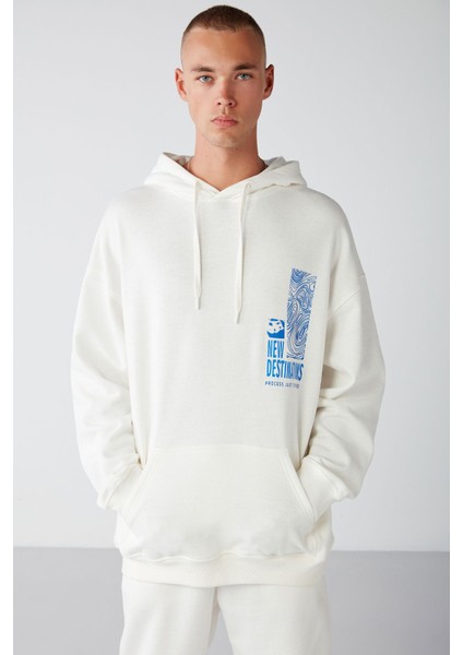 Process Erkek Içi Polarlı Poster Baskılı Kapüşonlu Kordonlu Ekru Sweatshirt