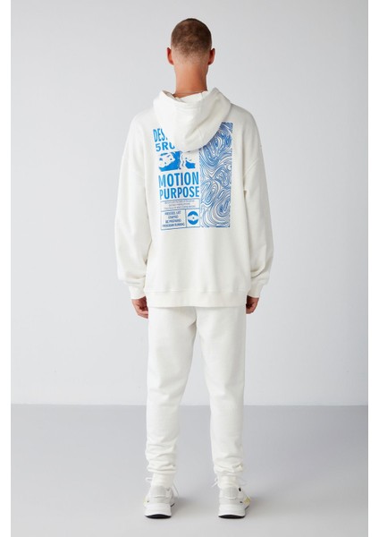 Process Erkek Içi Polarlı Poster Baskılı Kapüşonlu Kordonlu Ekru Sweatshirt