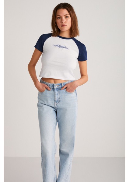 Vane Kadın Pamuk Kısa Kollu Baskılı Crop Beyaz/Navy T-Shirt