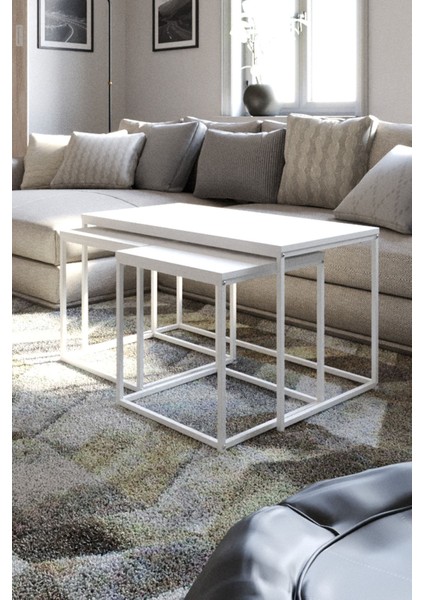 Martina 3'lü Orta Sehpa | Beyaz | Beyaz Ayak | 90X48X48 cm