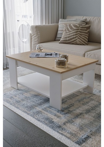 Safir Meşe - Beyaz Sole Orta Sehpa 60X90X45 Alt Büyük Raflı