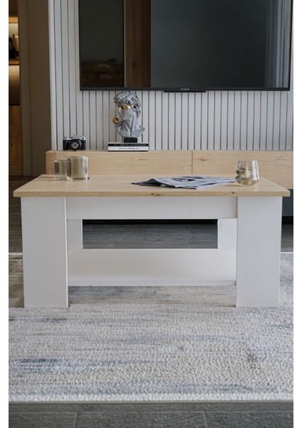 Safir Meşe - Beyaz Sole Orta Sehpa 60X90X45 Alt Büyük Raflı modelleri