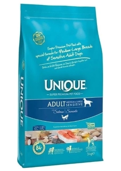 Unique Sensitive Somonlu Orta ve Büyük Irk Düşük Tahıllı Yetişkin Köpek Maması 3 kg