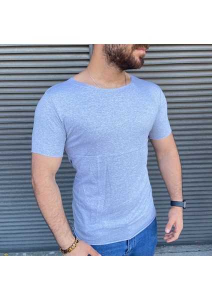 Açık Yaka Basic Tişört Açık Gri