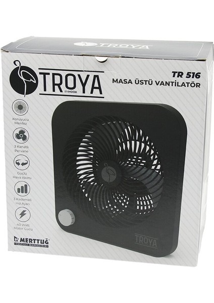 Masa Üstü Vantilatör FAN=22CM 3 Kademe Hız 40W 3 Pervane Siyah PLS.STAND=28X27X13CM TR-516 (5067)