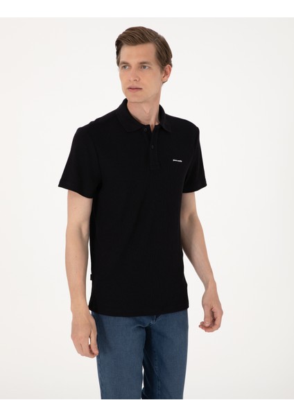 Erkek Siyah Slim Fit Örme Dokulu Polo Yaka Tişört 50309946-VR046 modelleri