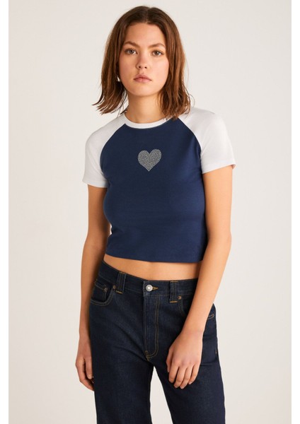 Vane Kadın Pamuk Kısa Kollu Baskılı Crop Navy/beyaz T-Shirt