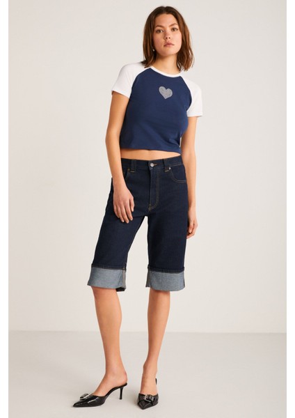 Vane Kadın Pamuk Kısa Kollu Baskılı Crop Navy/beyaz T-Shirt fiyatları