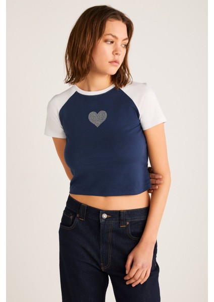 Vane Kadın Pamuk Kısa Kollu Baskılı Crop Navy/beyaz T-Shirt modelleri