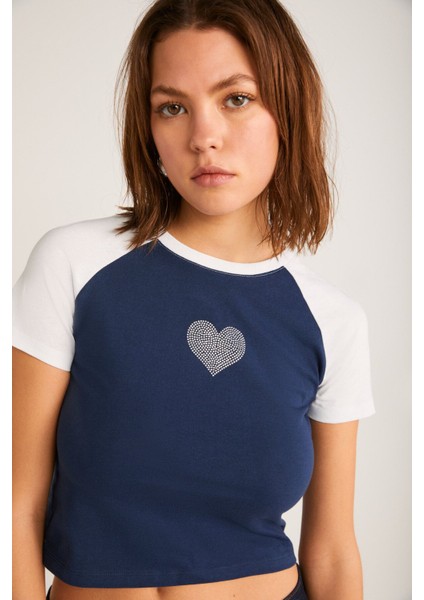 Vane Kadın Pamuk Kısa Kollu Baskılı Crop Navy/beyaz T-Shirt fırsatları