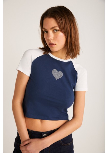 Vane Kadın Pamuk Kısa Kollu Baskılı Crop Navy/beyaz T-Shirt indirimleri