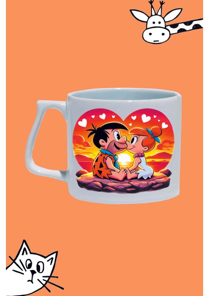 Sevgililer Günü Fred And Wilma Karakter Tasarım Baskılı Beyaz Lüks Sap Kupa Bardak