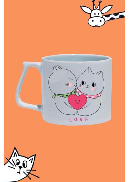 Love Aşık Kediler Kalp Sevgililer Günü Tasarım Baskılı Beyaz Lüks Sap Kupa Bardak