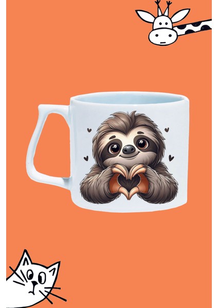 Tembel Miskin Hayvan Love Kalp Tasarım Baskılı Beyaz Lüks Sap Kupa Bardak