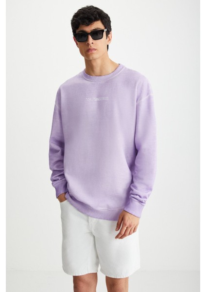 Blandon Erkek Bisiklet Yaka Içi Polarlı Baskı Detaylı Yıkamalı Lila Sweatshirt