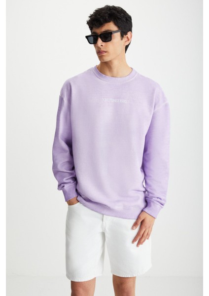 Blandon Erkek Bisiklet Yaka Içi Polarlı Baskı Detaylı Yıkamalı Lila Sweatshirt