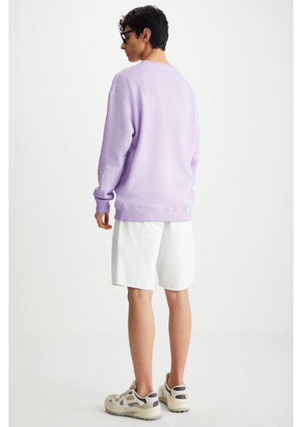 Blandon Erkek Bisiklet Yaka Içi Polarlı Baskı Detaylı Yıkamalı Lila Sweatshirt