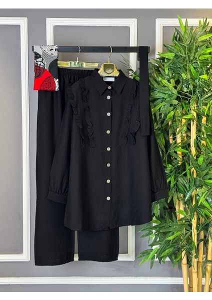 Yeni Sezon Tesettür Iki Kadın Çilek Kumaş - Fırfırlı Gömlek Pantolon Alt Üst Takım modelleri