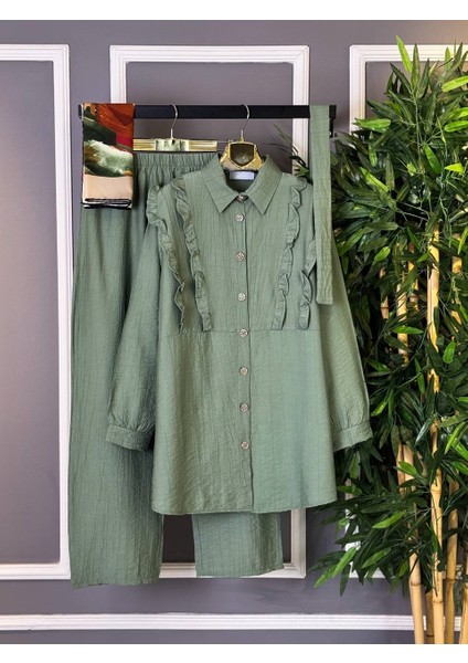 Yeni Sezon Tesettür Iki Kadın Çilek Kumaş - Fırfırlı Gömlek Pantolon Alt Üst Takım indirimleri