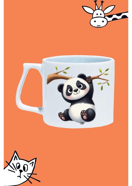 Sevimli Panda Tasarım Baskılı Beyaz Lüks Sap Kupa Bardak