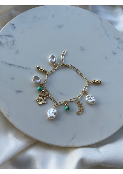 Gold Zincir Beyaz Taş Papatya Motifli Kadın Bileklik Yazlık Bileklik Vintage Bileklik
