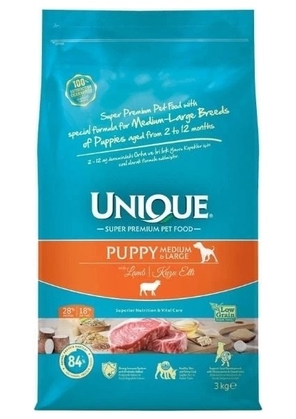 Unique Kuzu Etli Orta ve Büyük Irk Düşük Tahıllı Yavru Köpek Maması 3 kg