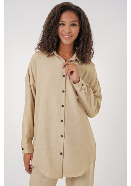 Bej Oversize Keten Alt Üst Takım 6622
