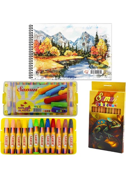 Resim Defterli Boya Seti (Jumbo Kuru Boya 12 Li+Pastel Boya 12 LI+25X35 Resim Defteri)