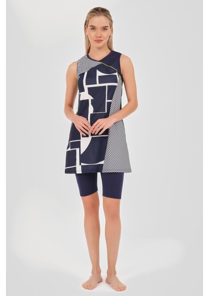 Hızlı Kuruyan Patchwork Sıfır Kol Yarı Kapalı Mayo Lacivert - 24803-25