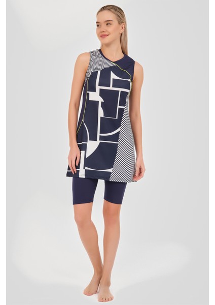 Hızlı Kuruyan Patchwork Sıfır Kol Yarı Kapalı Mayo Lacivert - 24803-25 fiyatları