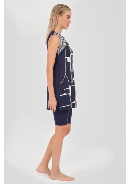 Hızlı Kuruyan Patchwork Sıfır Kol Yarı Kapalı Mayo Lacivert - 24803-25 fırsatları