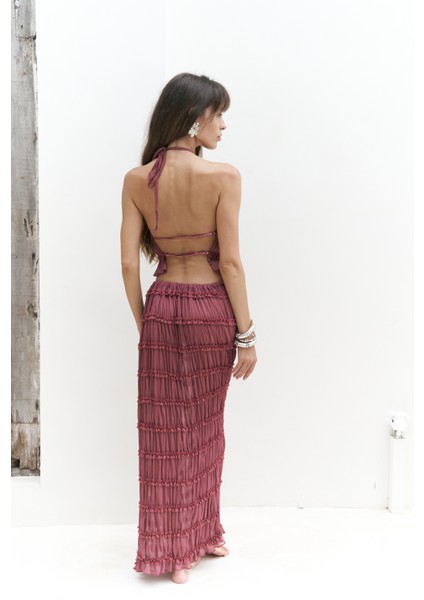 Sofi Transparan Açık Bordo Crop Etek Takım