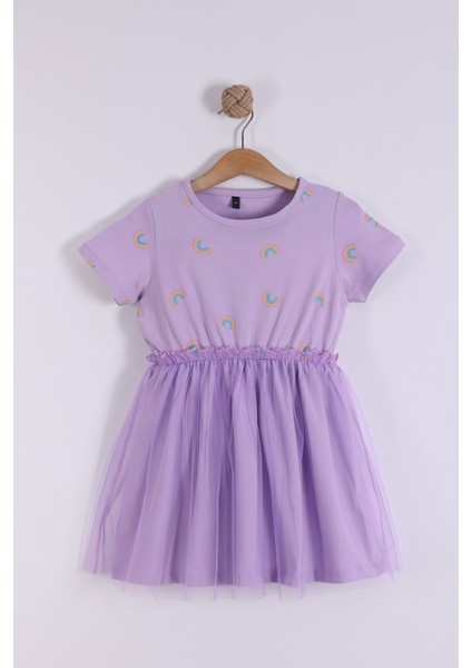 Kız Çocuk Gökkuşağı Baskılı Elbise Lila Tül Detaylı Bayram ve Doğum Günü İçin