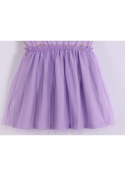 Kız Çocuk Gökkuşağı Baskılı Elbise Lila Tül Detaylı Bayram ve Doğum Günü İçin fiyatları