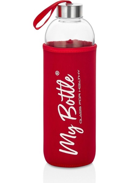 Borosilikat Kırmızı Kılıflı Matara Cam Suluk 500ML Cam Su Sişesi 0,5lt