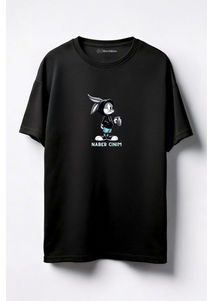 Bugs Bunny Naber Cınım Baskılı Unisex Oversize T-Shirt Siyah