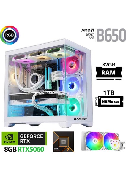 Lexus X590 Ryzen 7 7800X3D 32GB Ram 1tb M.2 Nvme SSD 8gb RTX5060 Sıvı Soğutmalı Beyaz Oyuncu Hazır Sistem