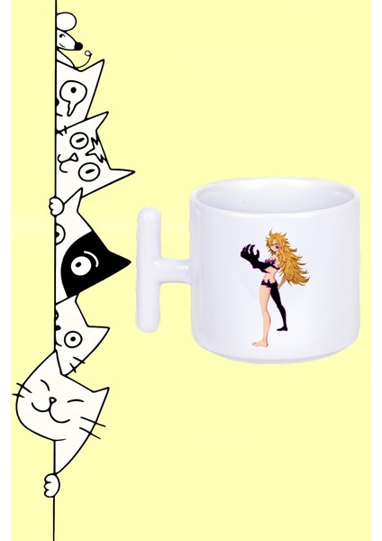 Derieri Seven Deadly Sins Anime Karakter Tasarım Baskılı Beyaz Lüks Sap Kupa Bardak