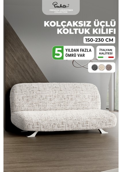 Lastikli Esnek ve Yıkanabilir Kolçaksız 3 Kişilik Koltuk Örtüsü Kanepe Kılıfı - Beyaz