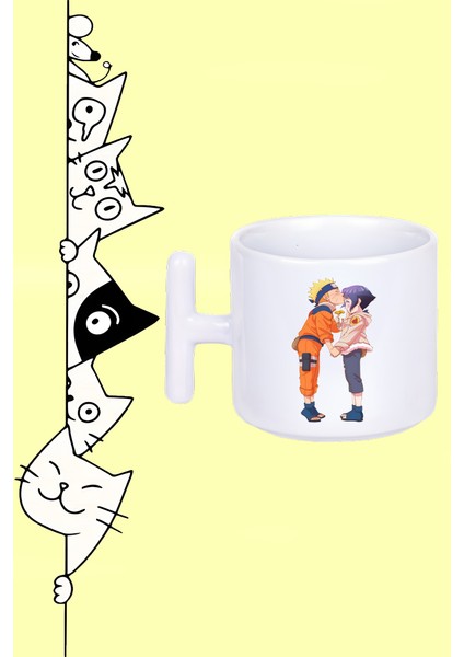 Anime Karakter Hinata ve Naruto Tasarım Baskılı Beyaz T Sap Kupa Bardak