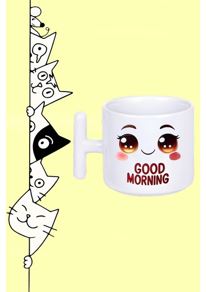 Good Mornıng Emojı Face Kadın Tasarım Baskılı Beyaz T Sap Kupa Bardak